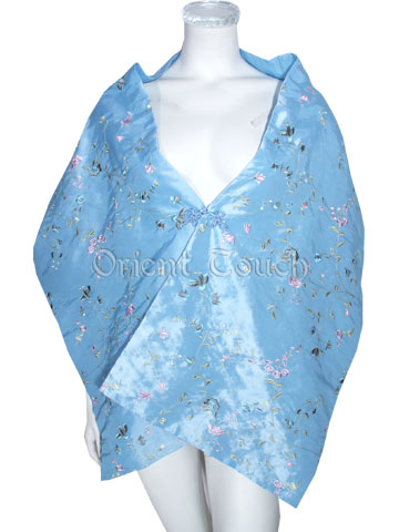 Thai Silk Shawl – Embroidery Flowers in Light Blue