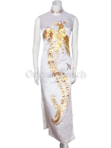 Luxurious Dancing Phoenix Gold Embroidery Cheongsam - White
